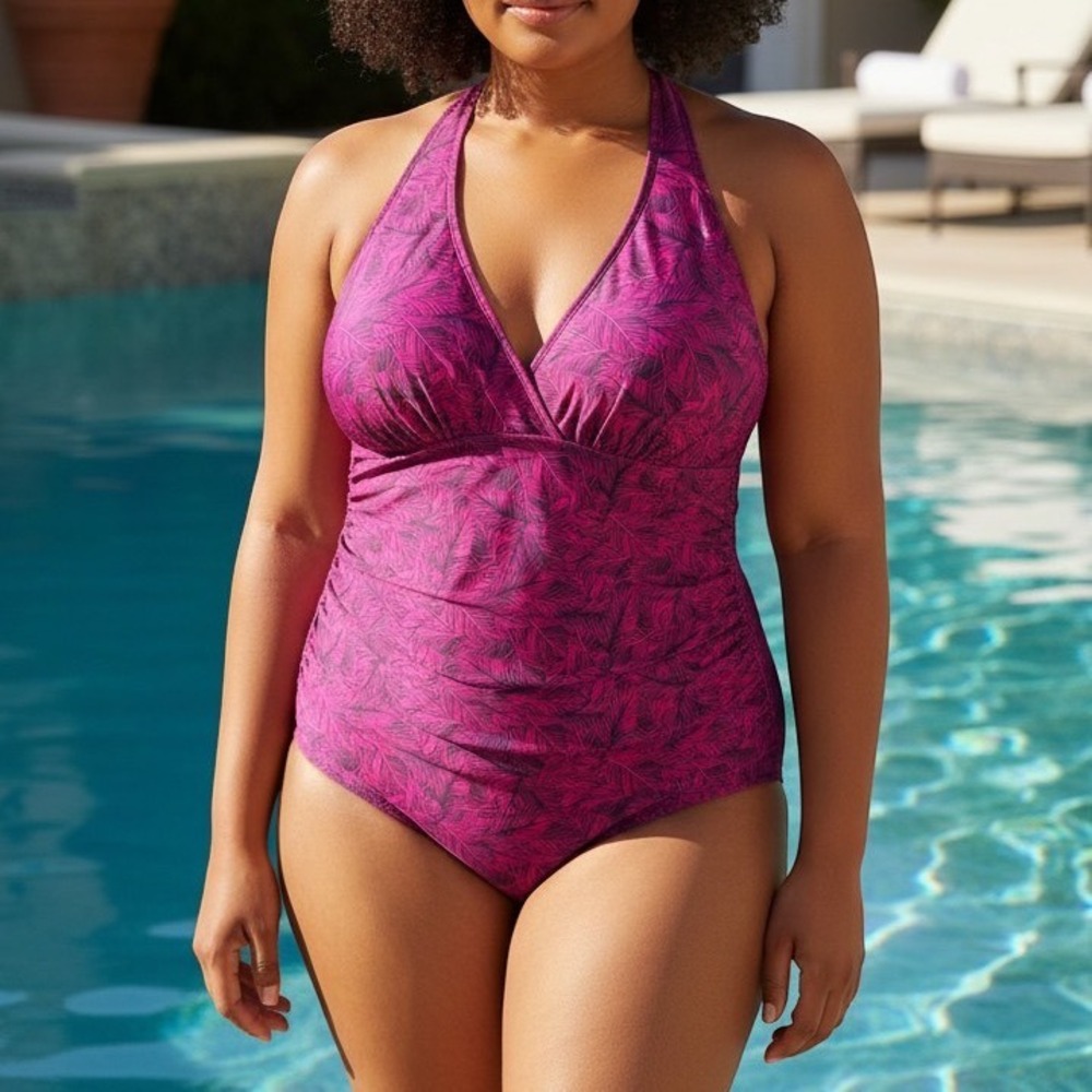 Eddie Bauer Shaping One Piece Swimsuit Size XXL Ruched Pink Palm Leaf Midweight